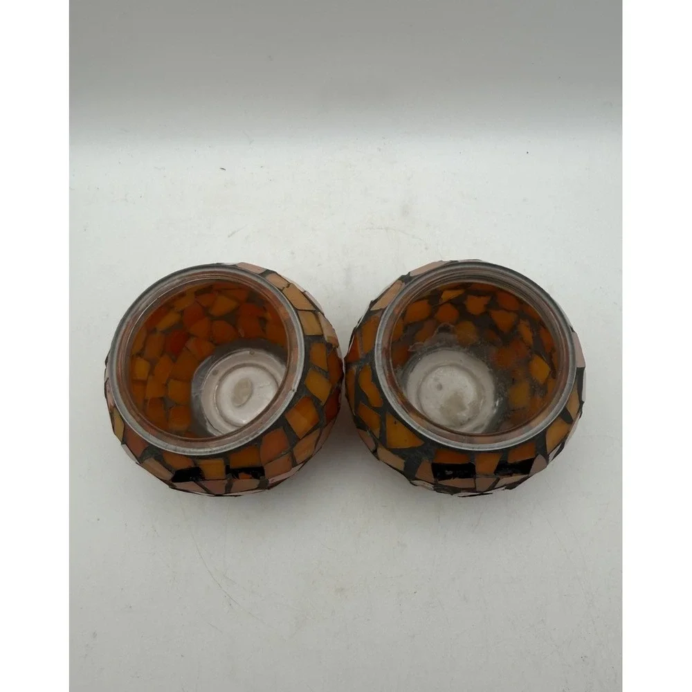 Set of 2 Mosaic Glass Pumpkin Jack O Lantern Tealight Candle Holders Halloween